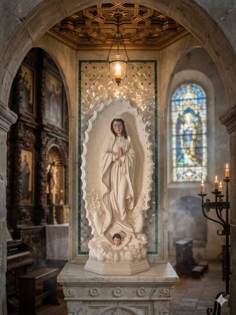 Our Lady of Guadalupe Statue - Cream & Gold Resin Sculpture